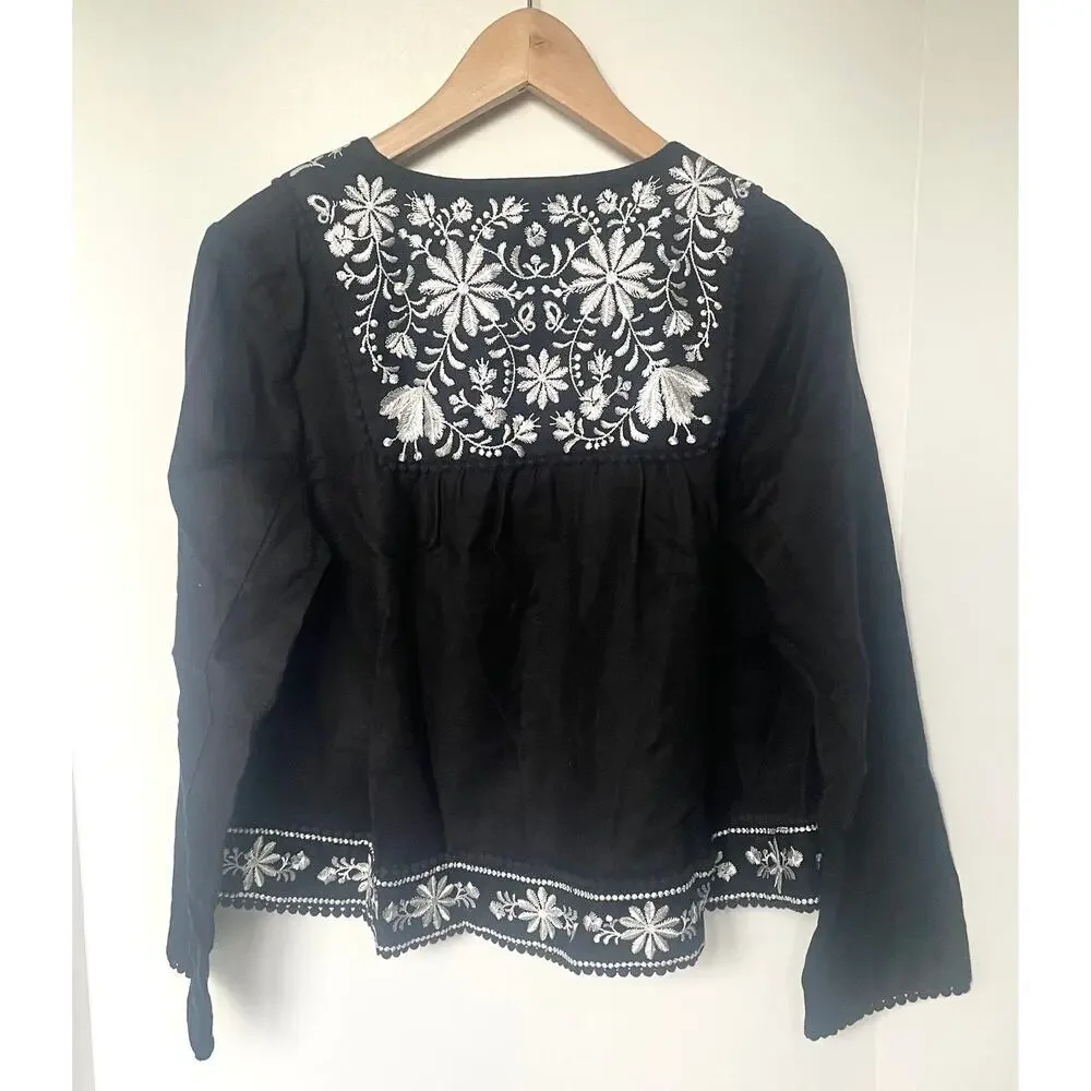 Kate Spade Black Linen Blend Crop Jacket Floral Embroidery Womens Medium